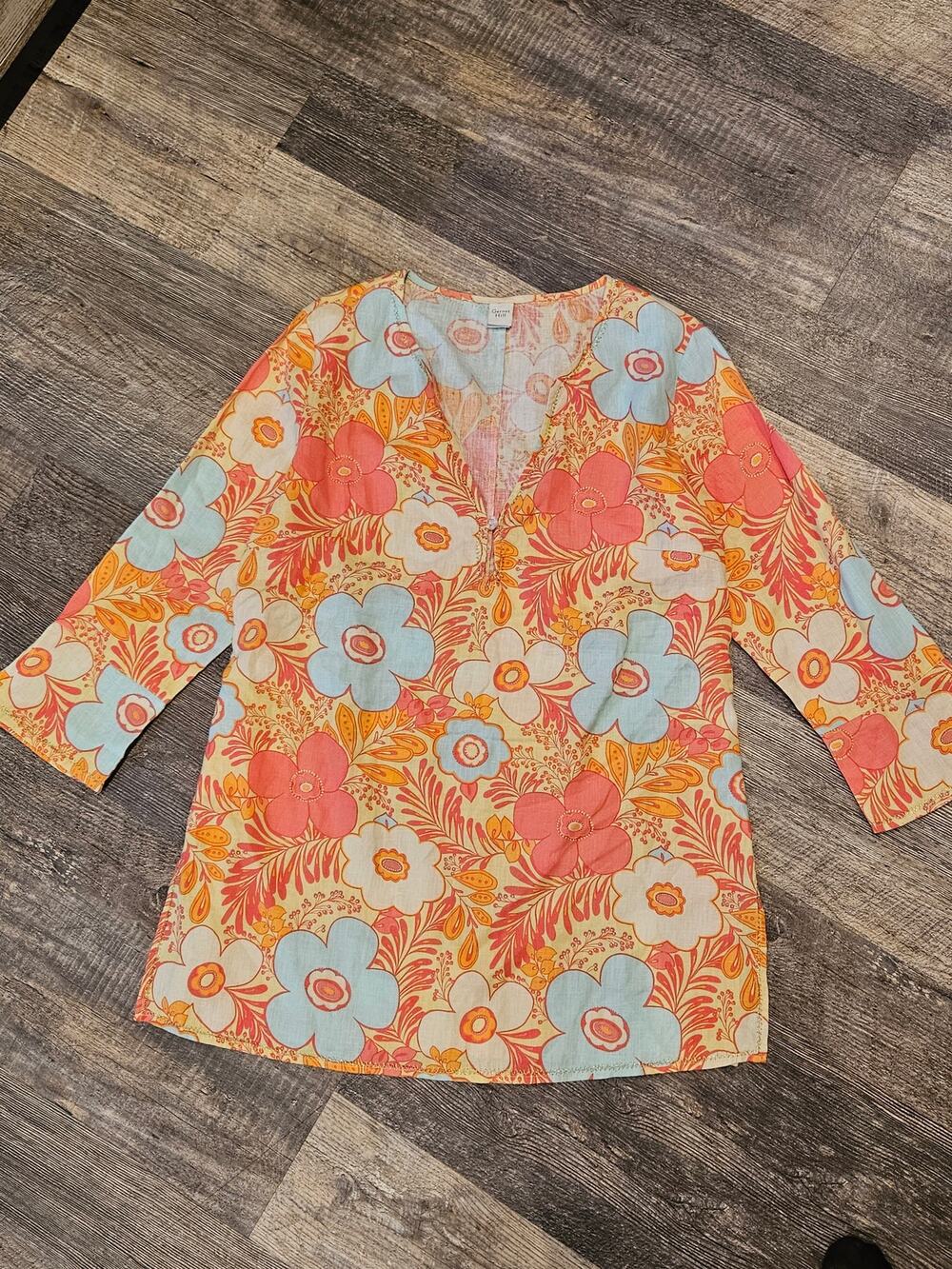 Garnet Hill linen floral tunic pink orange womens large resortwear